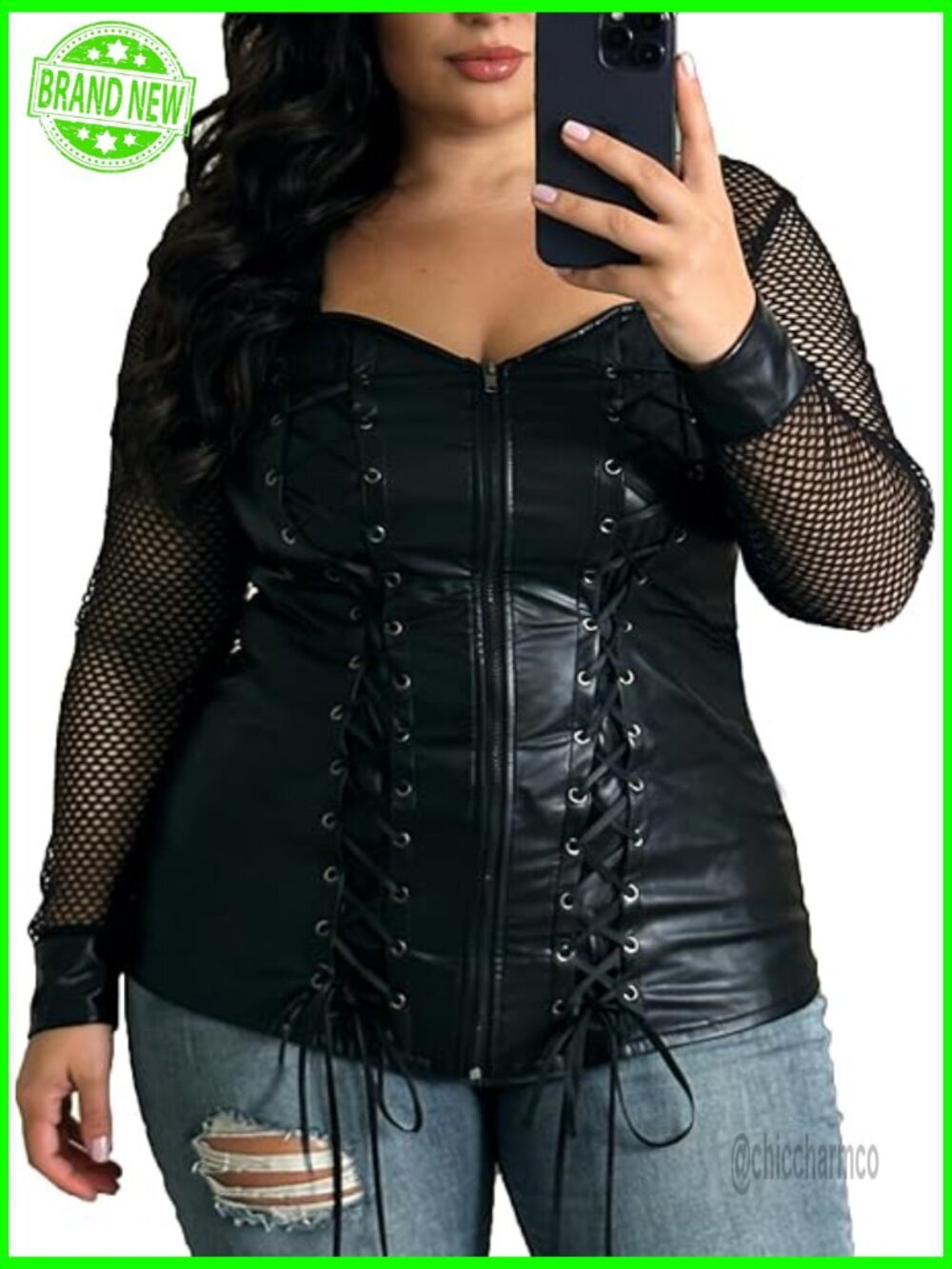 Plus Size Corset Top Lace Up Ribbed Gothic T-shirt Long Sleeve Crop Top
